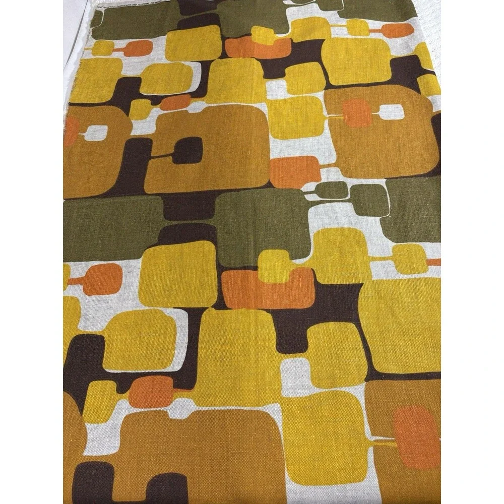 Vintage Filkauf Screen Printed Linen Fabric MCM Retro  Orange Brown 100% Linen